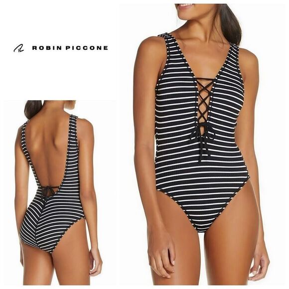 New. Robin Piccone plunge neck lace-up swimsuit. Size 4. Retails $179 - Picture 11 of 12